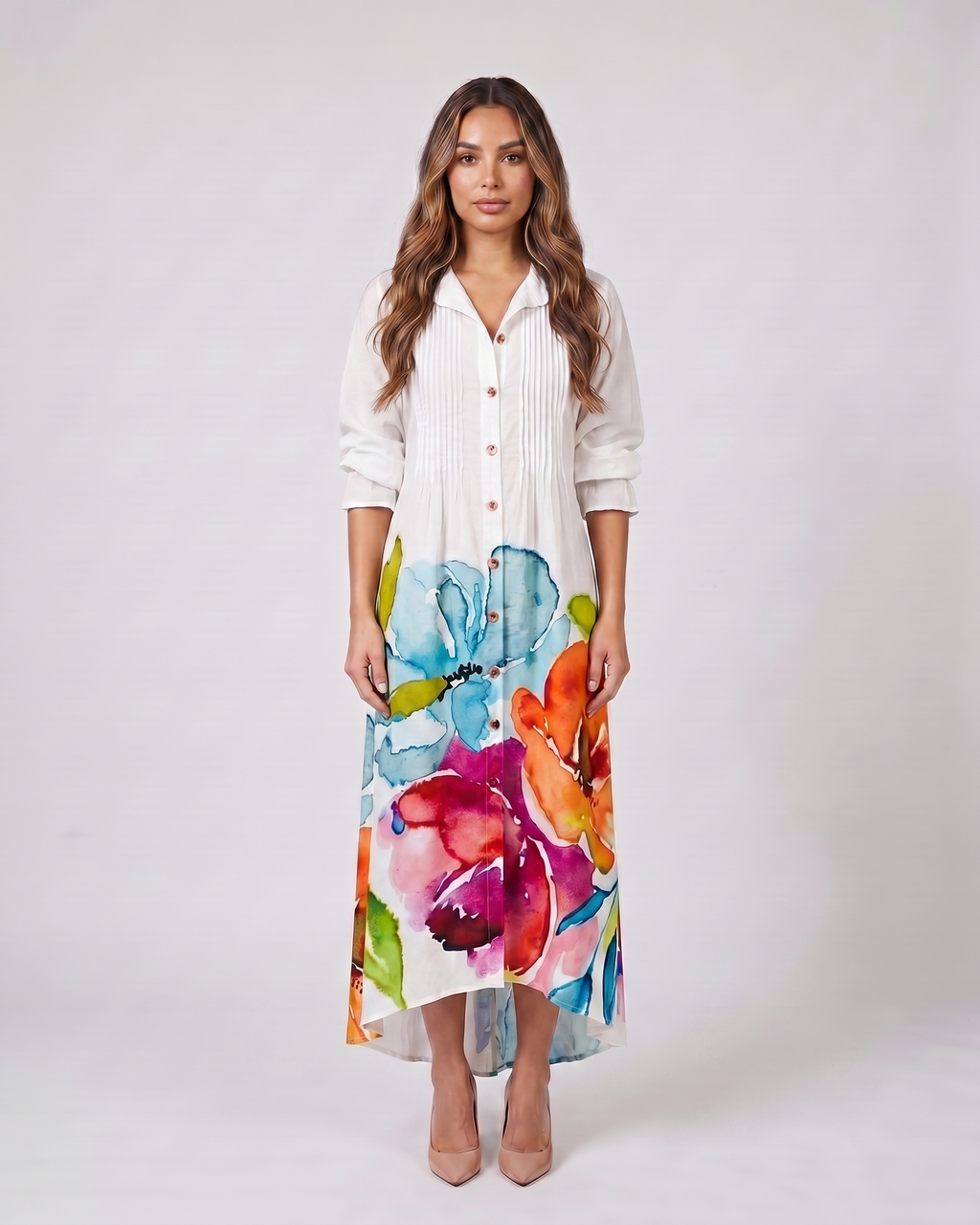 white floral button front collared maxi dress front view with floral and leaf print