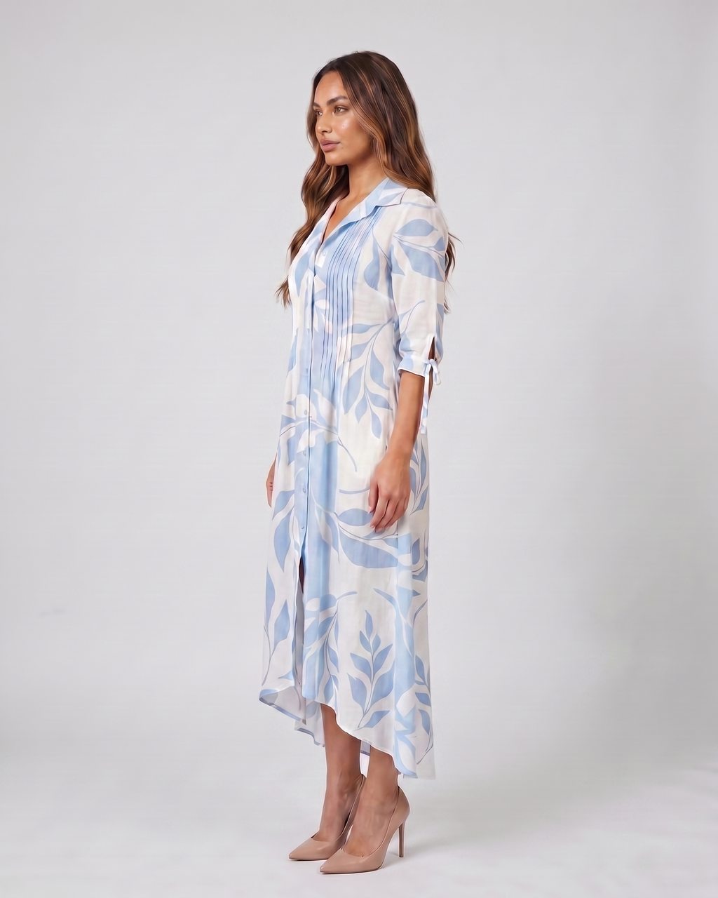 Side view of multicolored 1 floral button front collared maxi dress