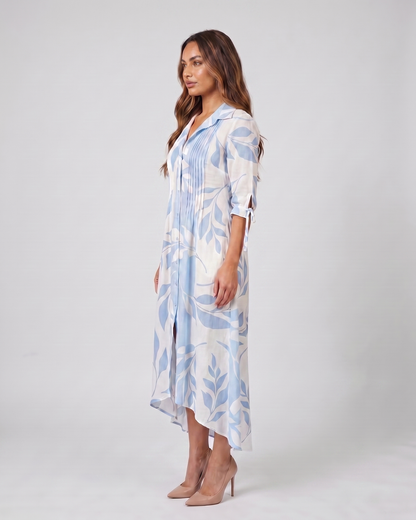 Side view of multicolored 1 floral button front collared maxi dress