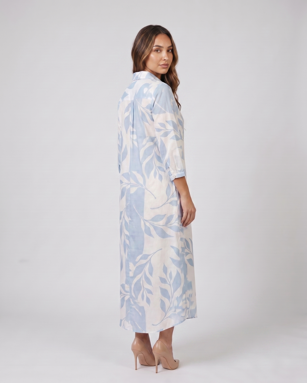 Back view of multicolored 2 floral button front collared maxi dress showing solid back