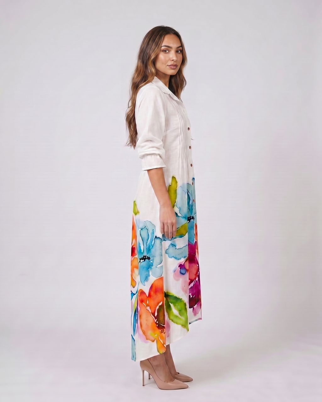 Side view of white floral button front collared maxi dress