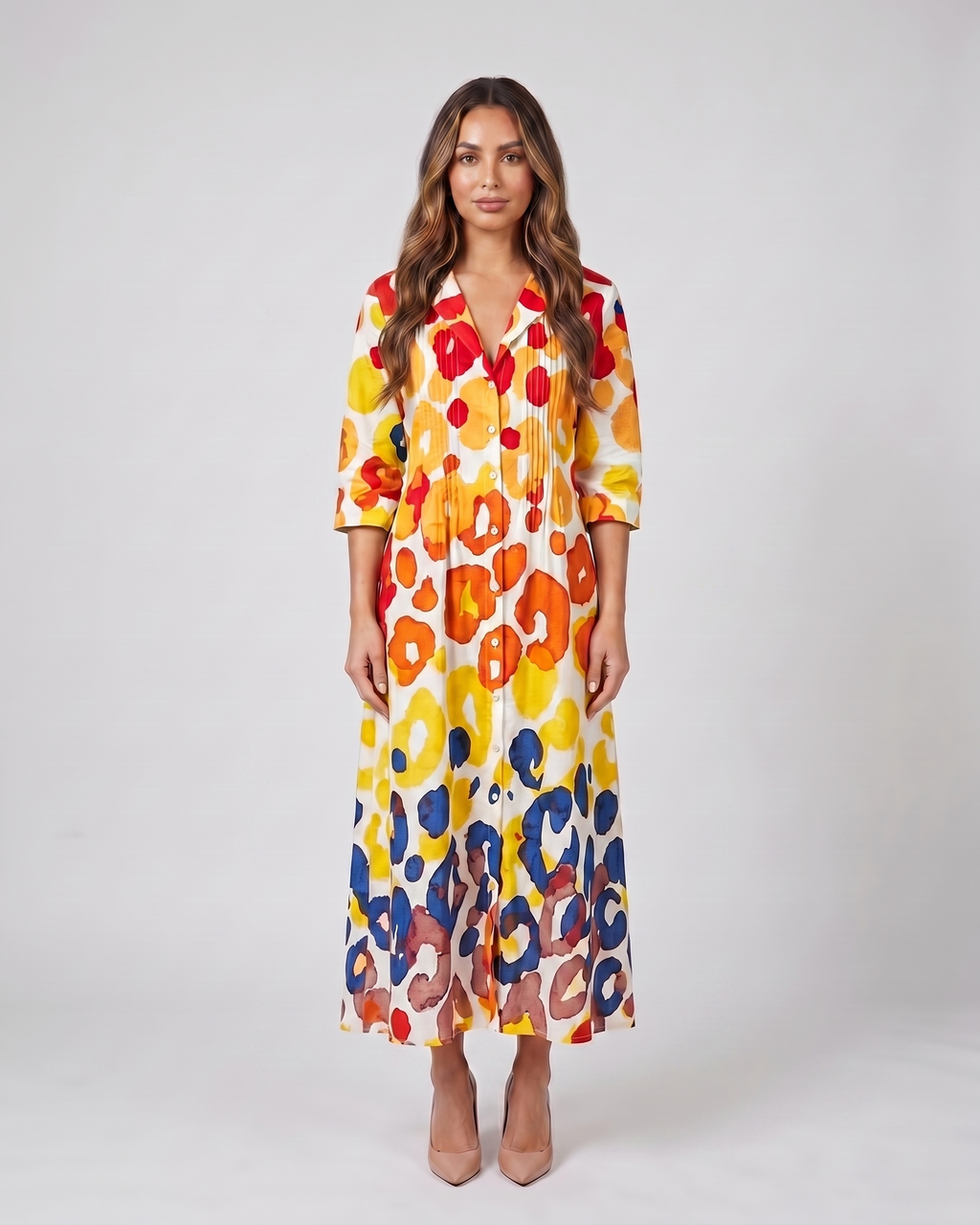 yellow floral button front collared maxi dress front view with floral and leaf print