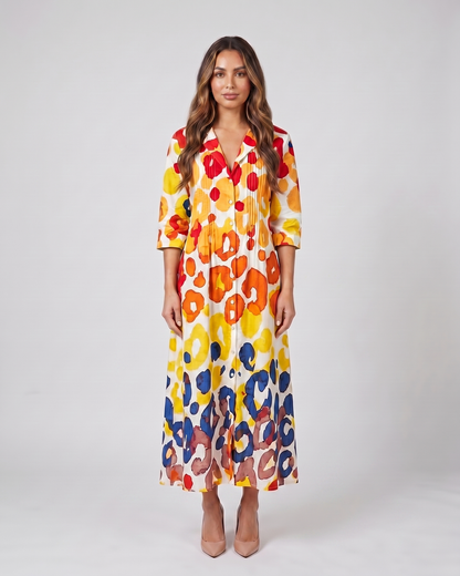 yellow floral button front collared maxi dress front view with floral and leaf print
