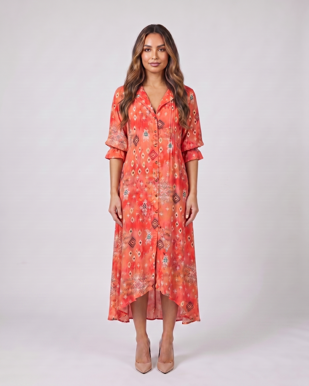 red floral button front collared maxi dress front view with floral and leaf print