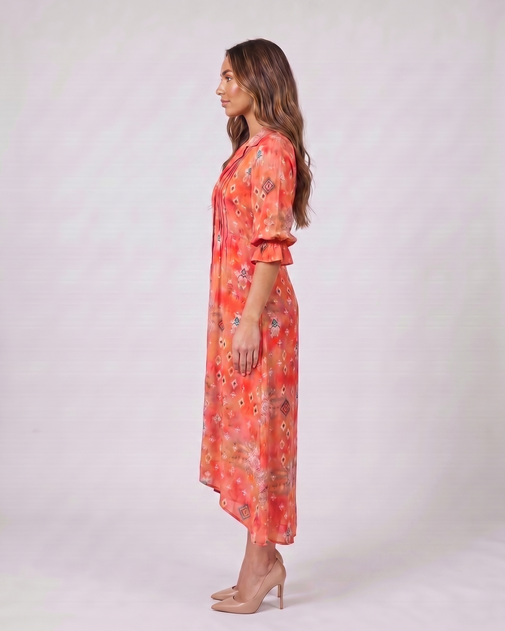 Side view of red floral button front collared maxi dress