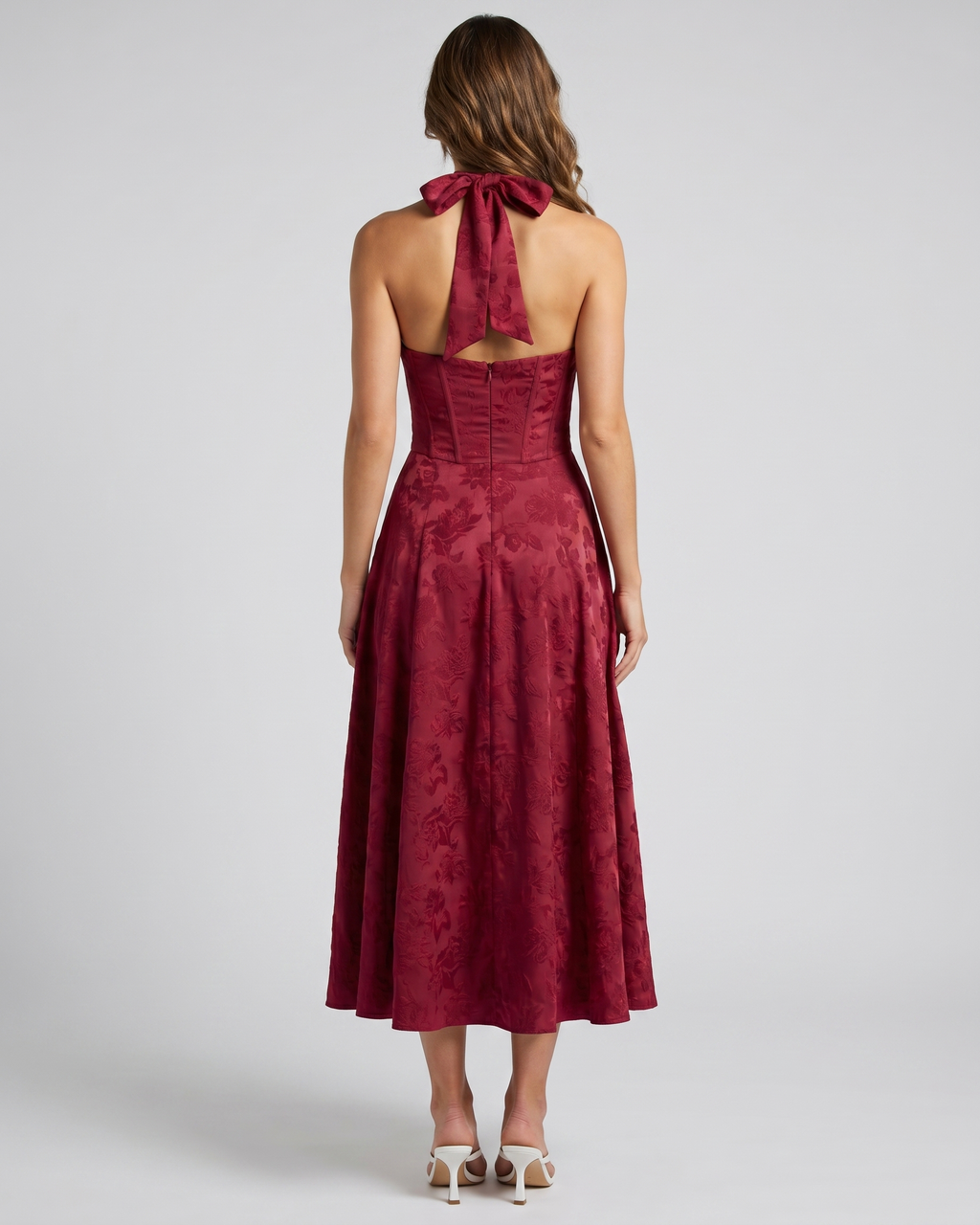 red floral jacquard lace up back midi dress Lulus | Red Jacquard Tie-Back Maxi Dress with Pockets | Womens | Large (Available in M, XL)