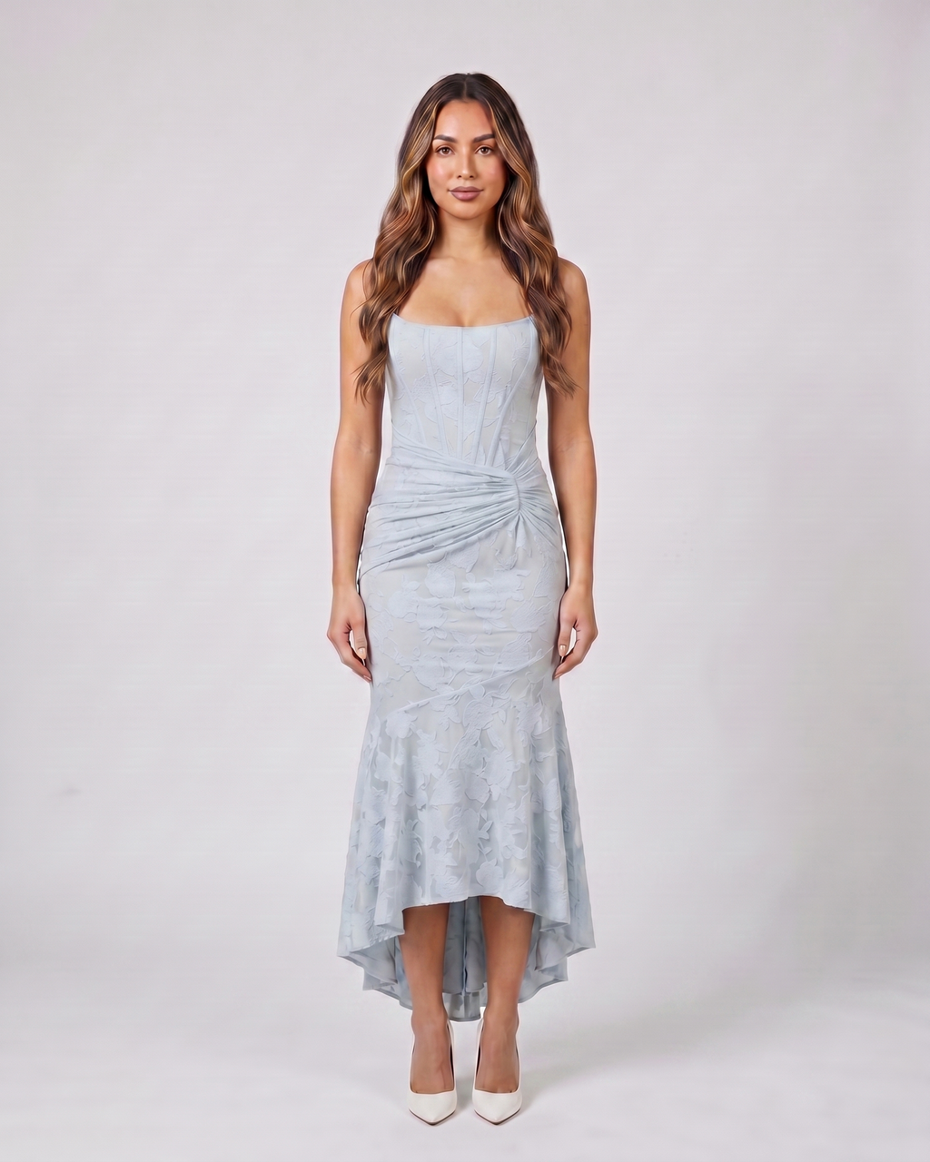 blue floral jacquard strapless high low maxi dress front view with tonal jacquard floral relief
