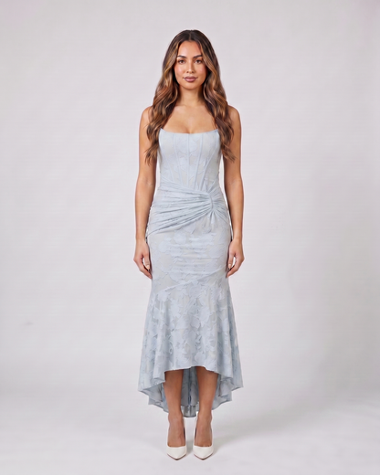 blue floral jacquard strapless high low maxi dress front view with tonal jacquard floral relief