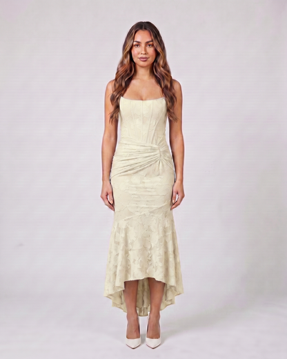 beige floral jacquard strapless high low maxi dress front view with tonal jacquard floral relief