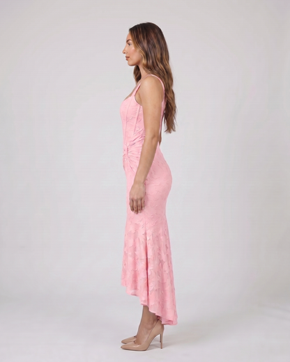 Side view of pink floral jacquard strapless high low maxi dress