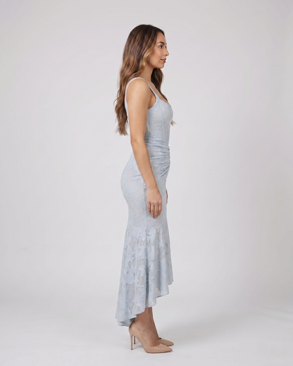 Side view of blue floral jacquard strapless high low maxi dress