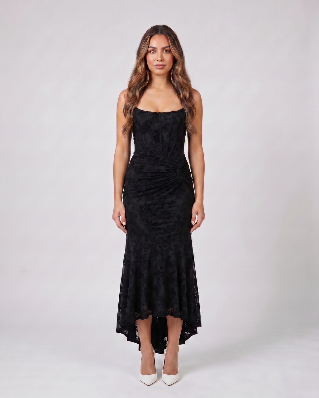 black floral jacquard strapless high low maxi dress front view with tonal jacquard floral relief