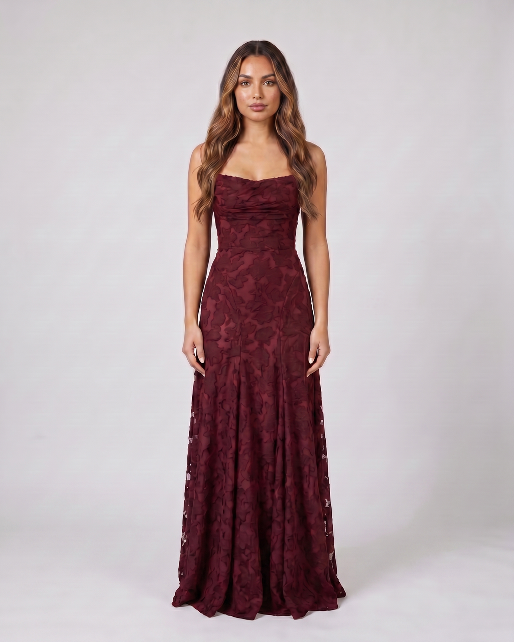 burgundy floral lace square neck maxi dress front view with tonal floral lace relief