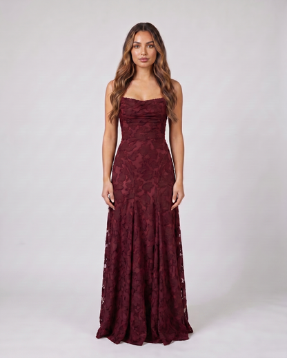 burgundy floral lace square neck maxi dress front view with tonal floral lace relief