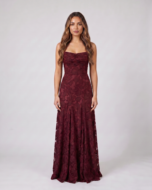 burgundy floral lace square neck maxi dress front view with tonal floral lace relief