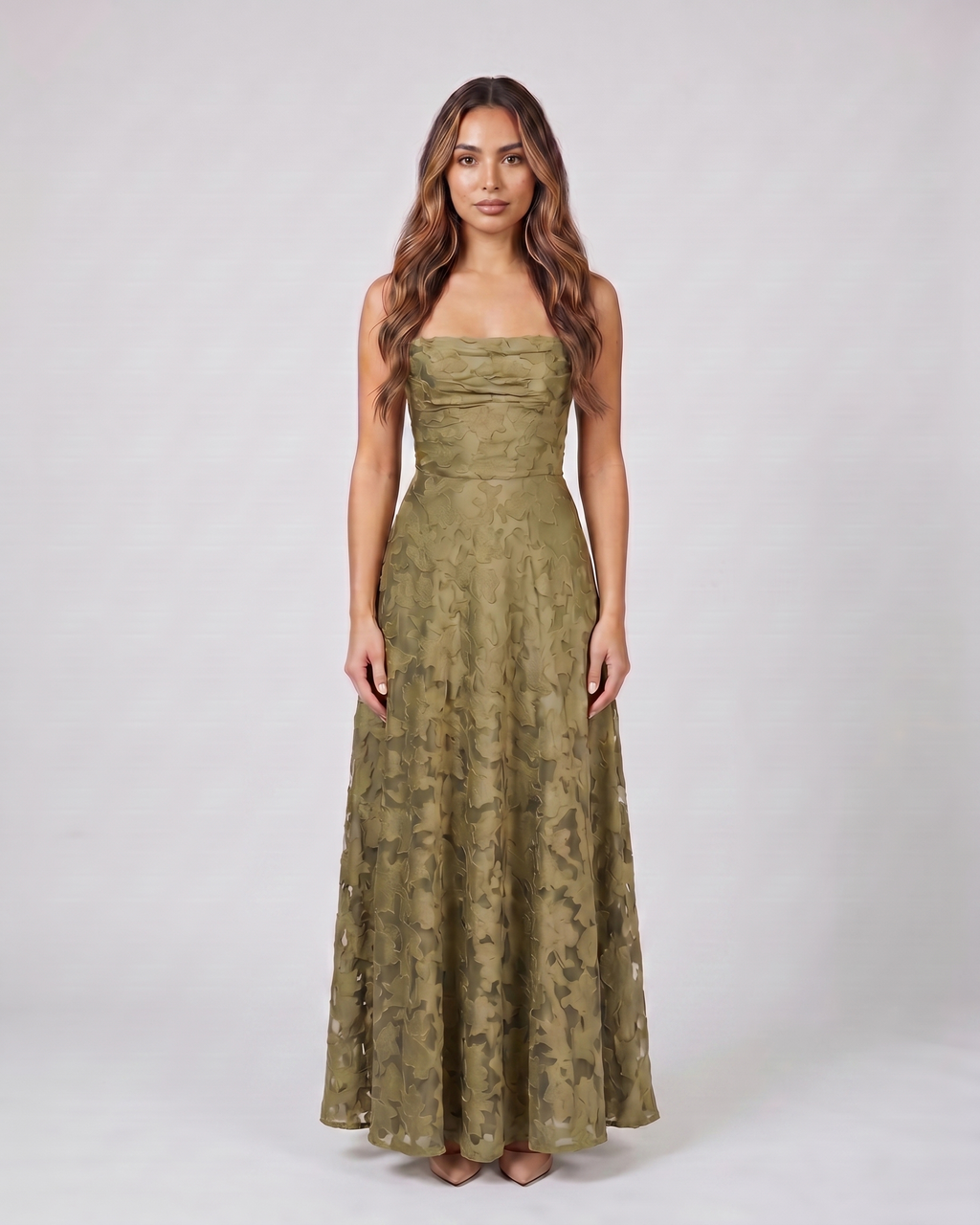 green floral lace square neck maxi dress front view with tonal floral lace relief