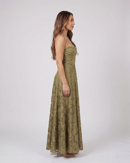 Side view of green floral lace square neck maxi dress