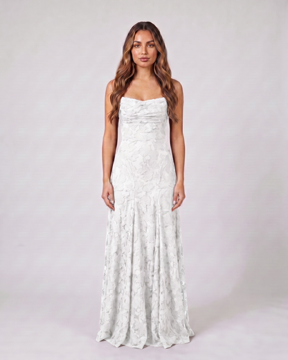 white floral lace square neck maxi dress front view with tonal floral lace relief
