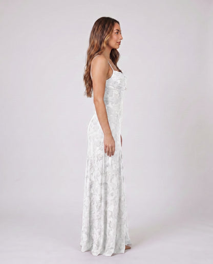 white women floral lace square neck maxi dress side view