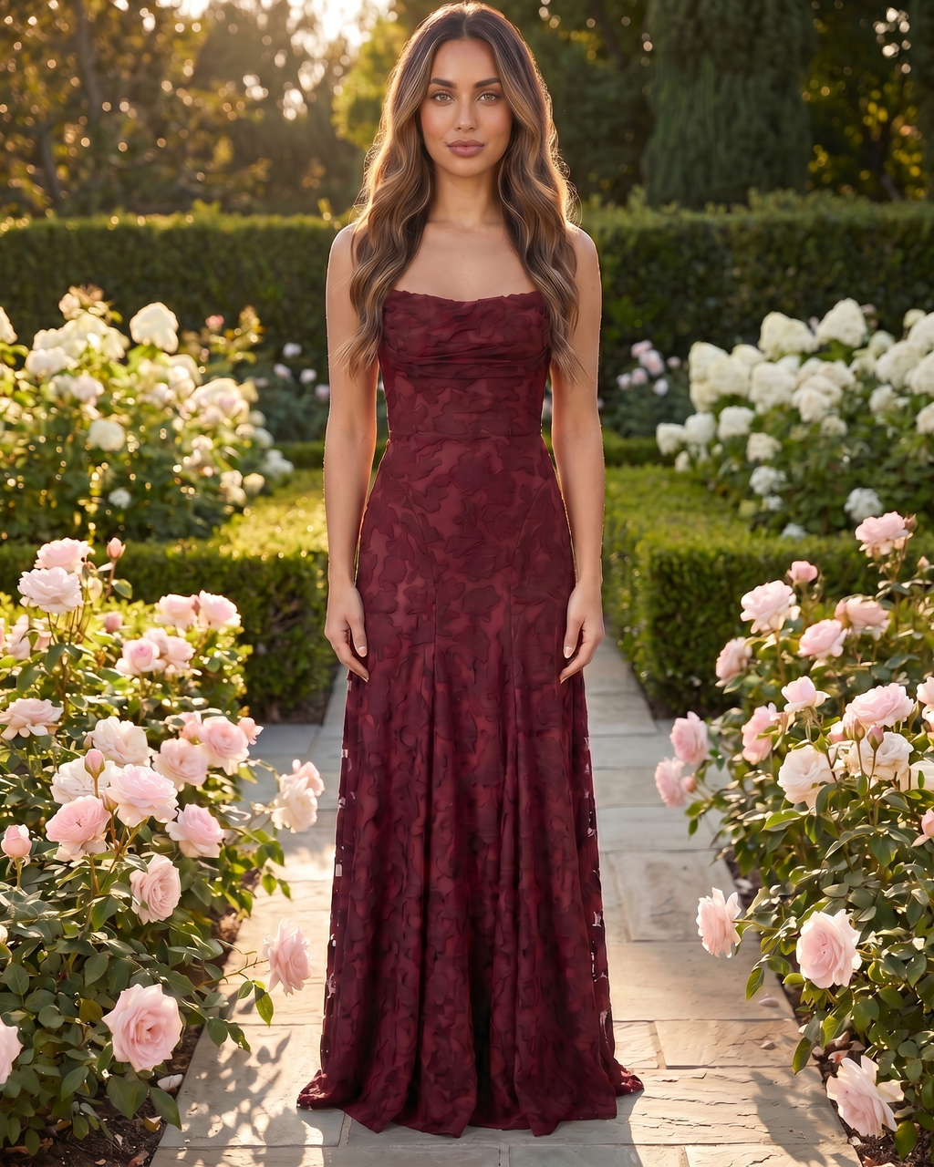 Model in burgundy floral lace square neck maxi dress in tuscan setting