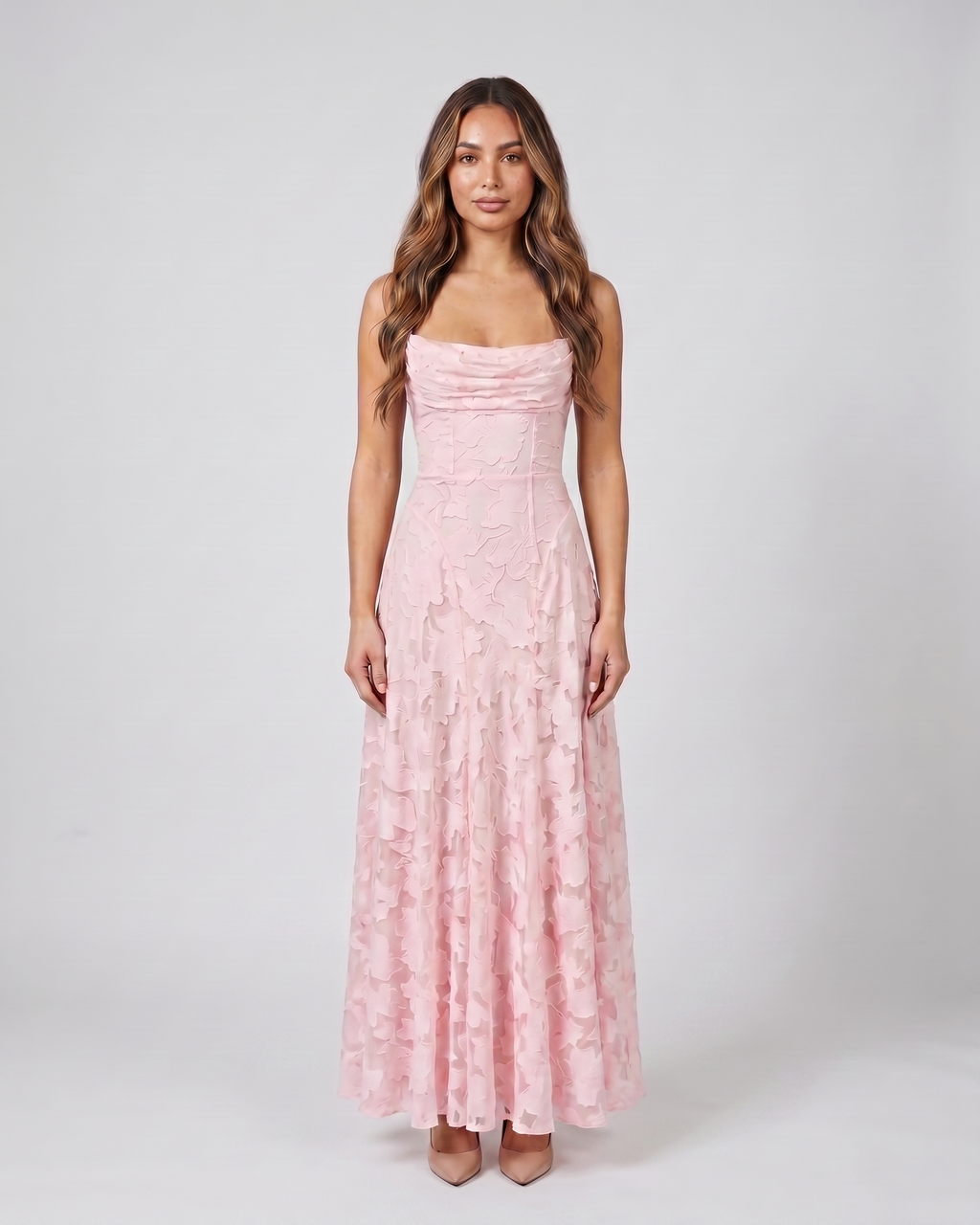 pink floral lace square neck maxi dress front view with tonal floral lace relief