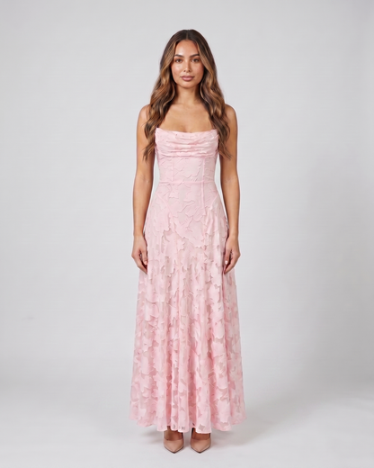pink floral lace square neck maxi dress front view with tonal floral lace relief