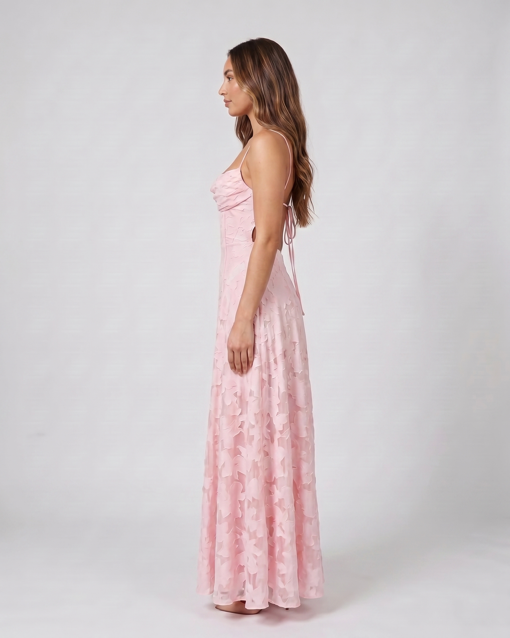 Side view of pink floral lace square neck maxi dress