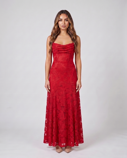 red floral lace square neck maxi dress front view with tonal floral lace relief