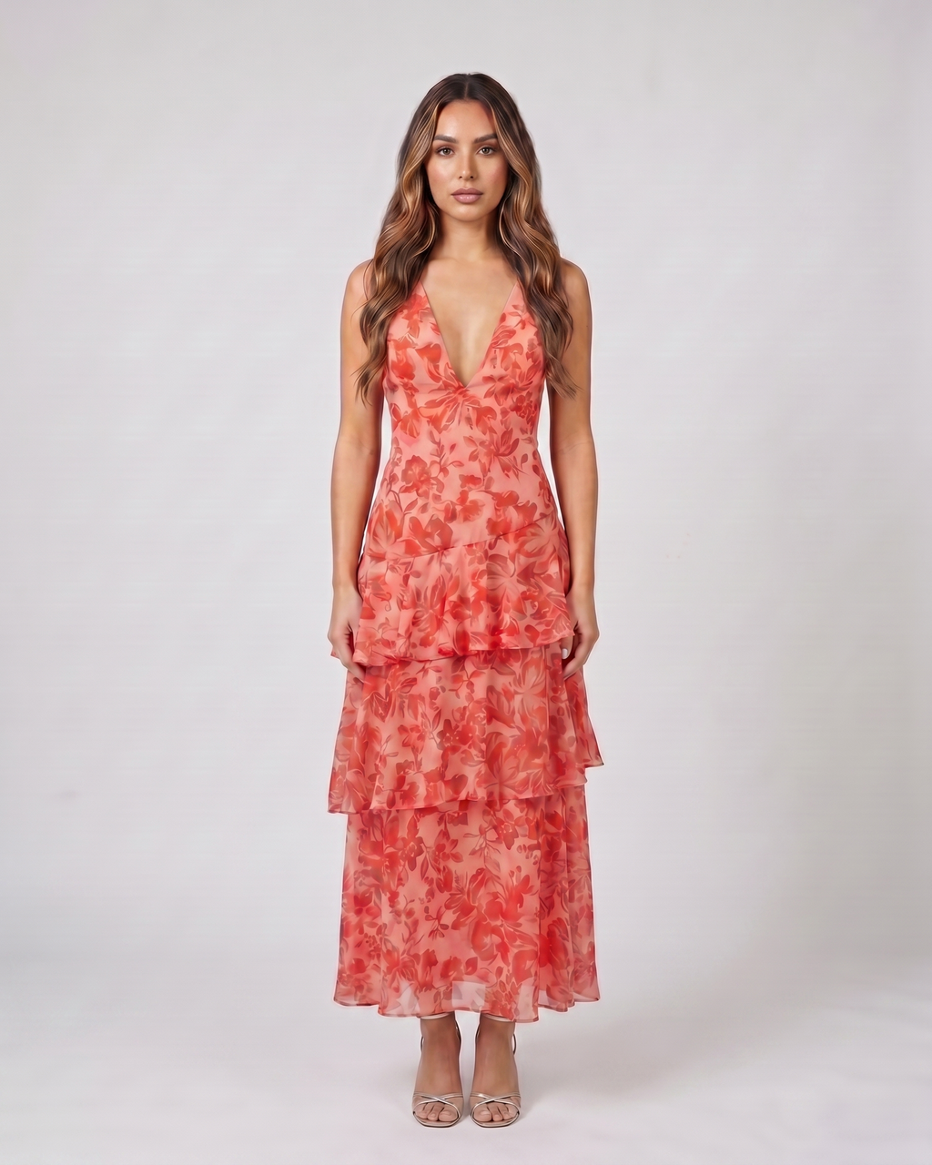 red floral plunge neck tiered midi dress front view with floral print