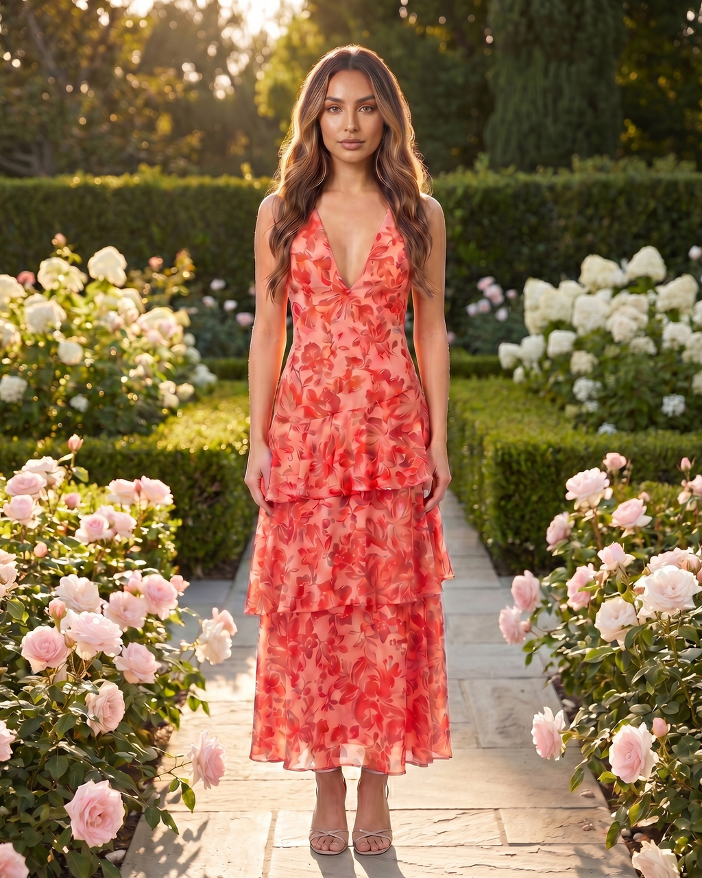 Model in red floral plunge neck tiered midi dress in tuscan setting