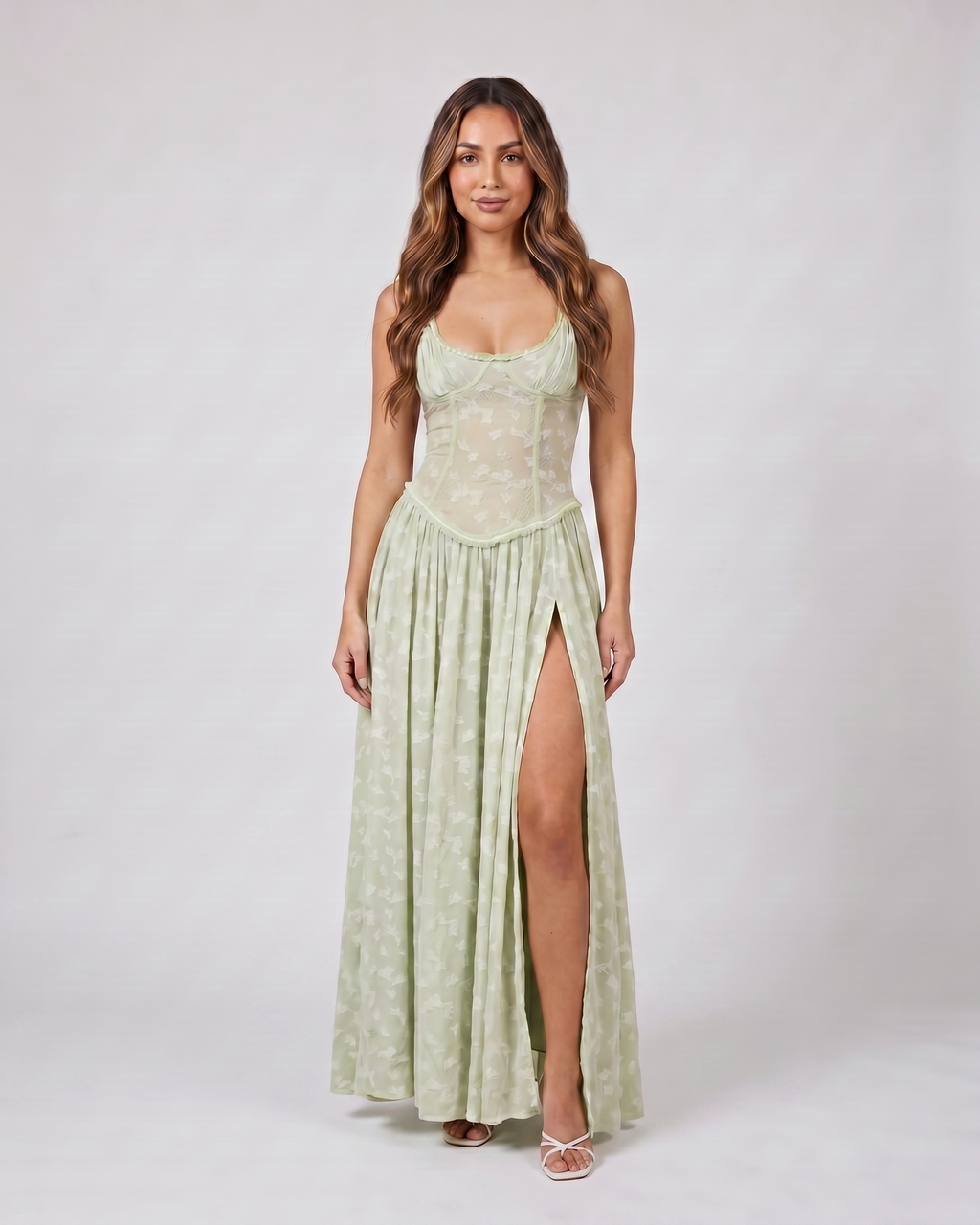 green floral scoop neck with slit maxi dress front view with tonal jacquard floral relief