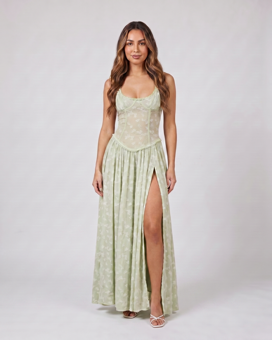 green floral scoop neck with slit maxi dress front view with tonal jacquard floral relief