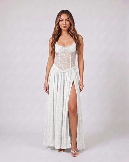 white floral scoop neck with slit maxi dress front view with tonal jacquard floral relief