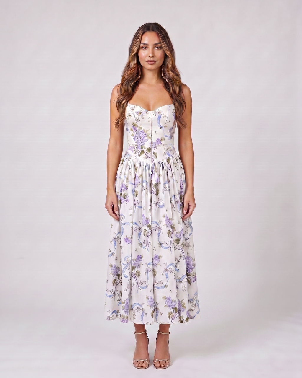 creamy floral floral strapless corset midi dress front view with floral print and ribbon print