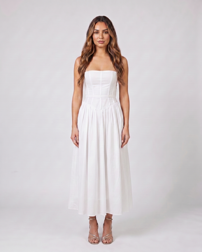 white floral strapless corset midi dress front view with floral print and ribbon print