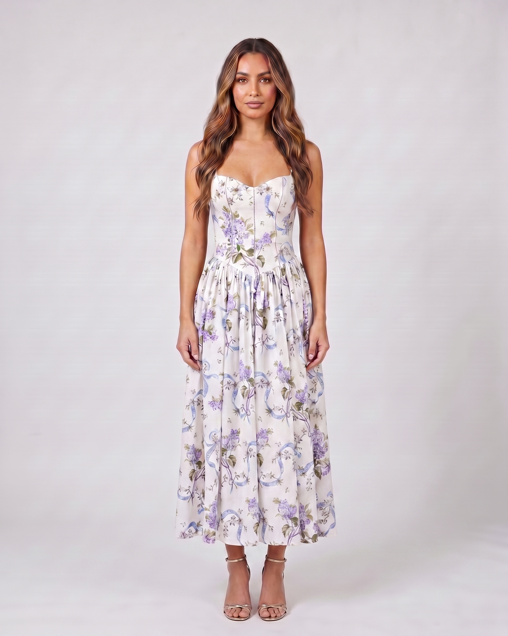 floral strapless corset midi dress front view with floral print and ribbon print