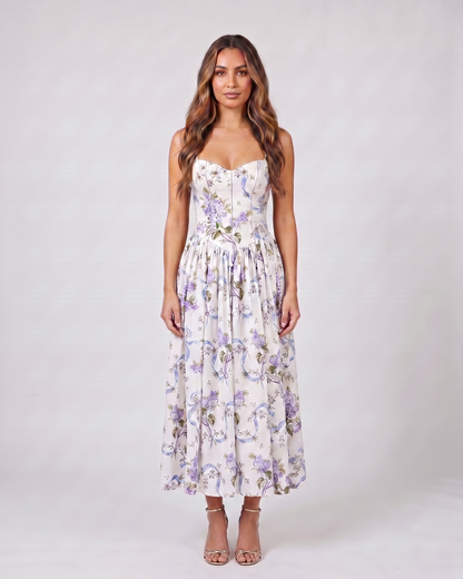 floral strapless corset midi dress front view with floral print and ribbon print