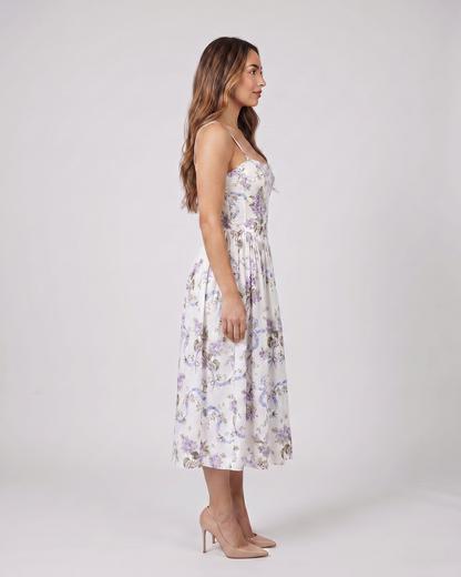 Side view of floral strapless corset midi dress