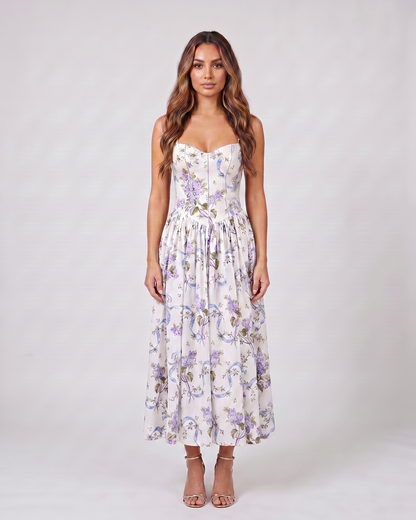 white posy floral strapless corset midi dress front view with floral print and ribbon print