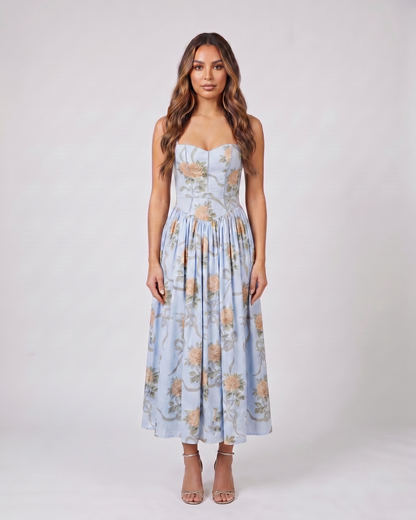 blue floral strapless corset midi dress front view with floral print and ribbon print
