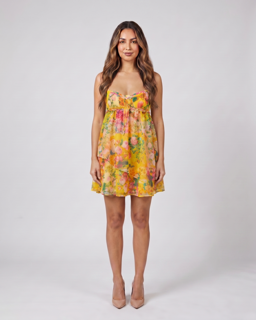 floral orange floral sweetheart neck spaghetti strap mini dress front view with floral print