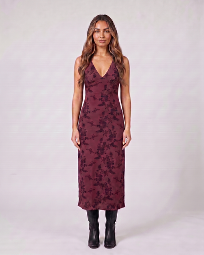 maroon floral v neck midi dress front view with floral and vine-like