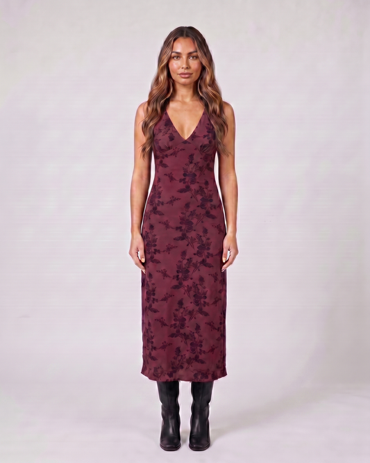 maroon floral v neck midi dress front view with floral and vine-like
