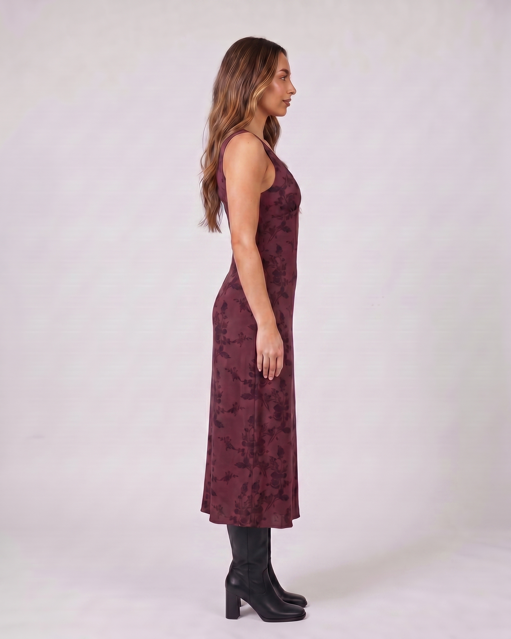 Side view of maroon floral v neck midi dress