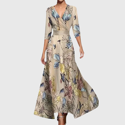 Women Floral V Neck Wrap Maxi Dress