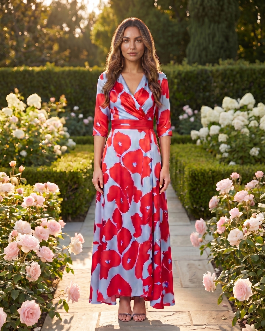 Model in red floral v neck wrap maxi dress in tuscan setting