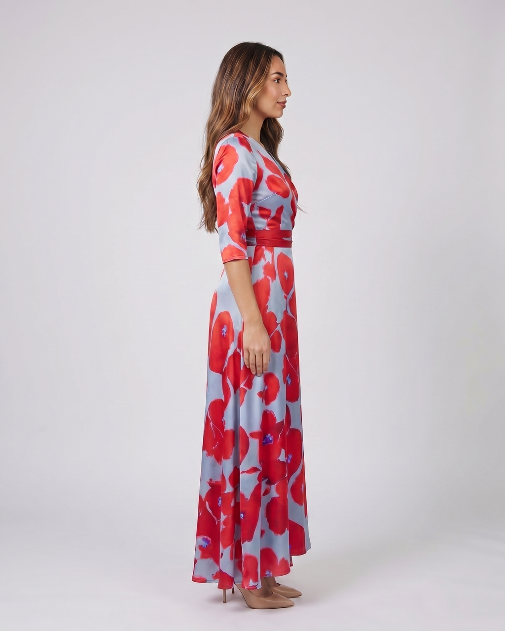 Side view of red floral v neck wrap maxi dress
