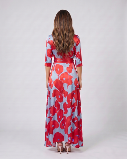 Back view of red floral v neck wrap maxi dress showing solid back