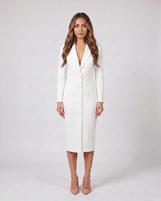 white formal long sleeve v neck midi dress front view