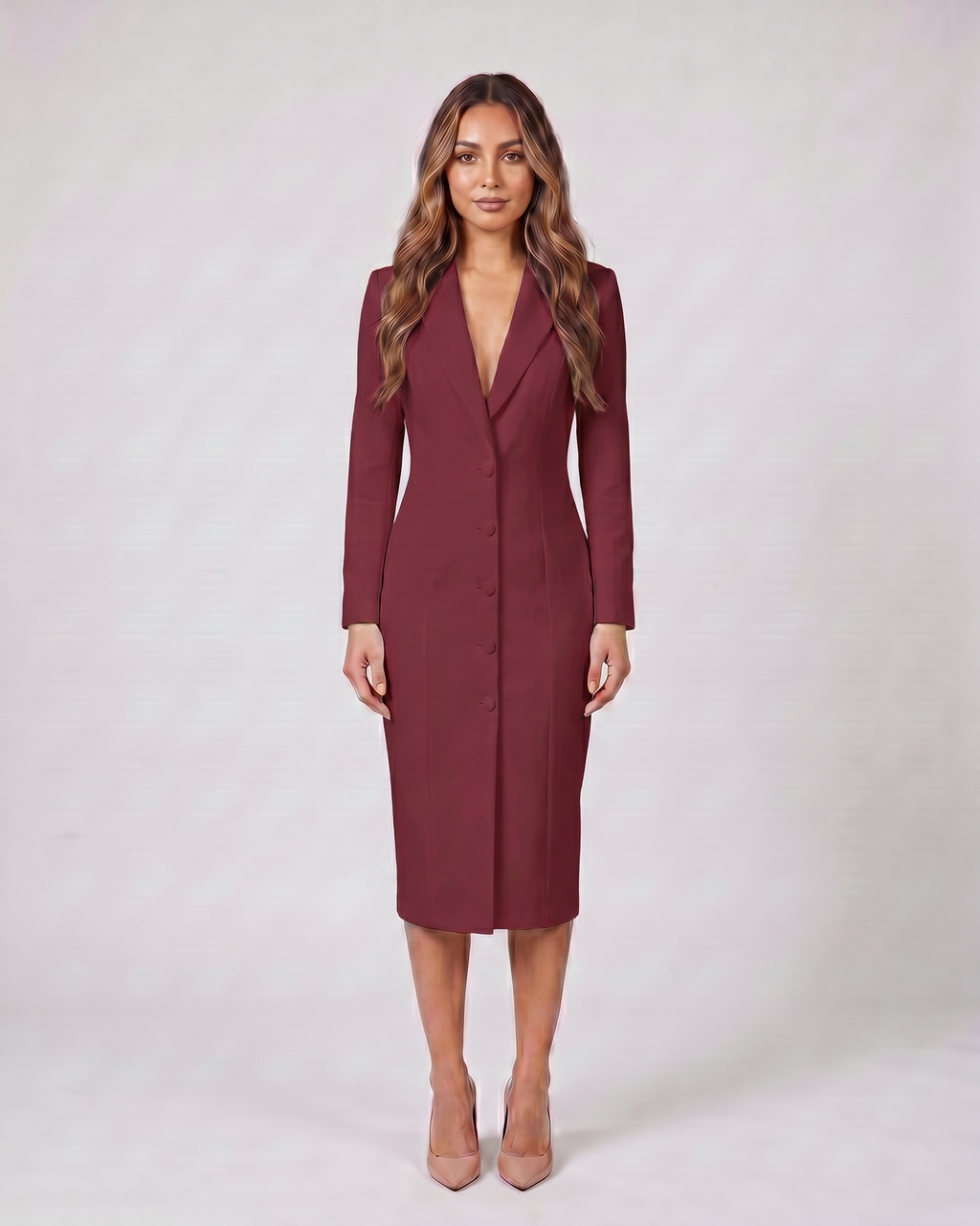 wine red formal long sleeve v neck midi dress front view